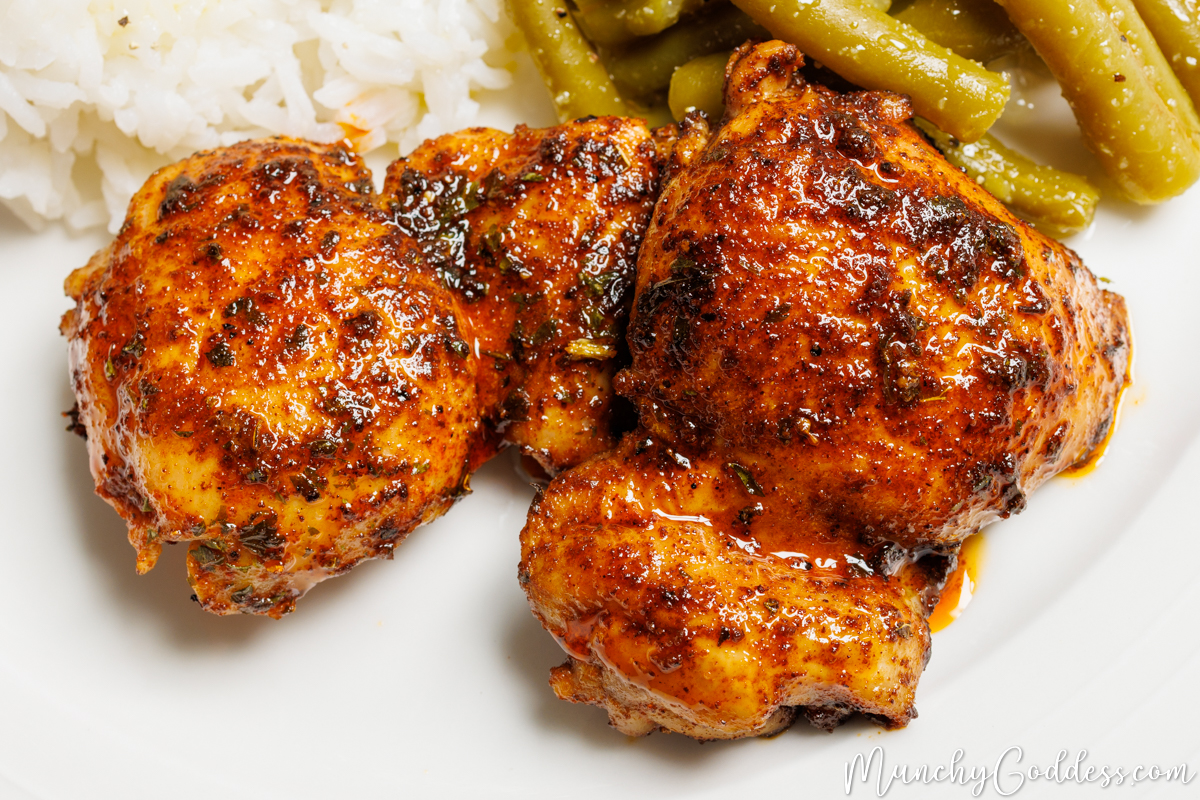 Plated pan seared chicken thighs.