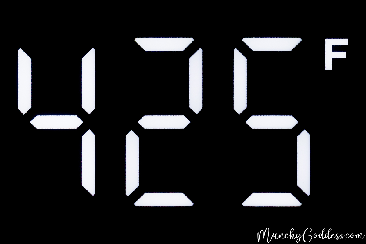 "425 F" being displayed in a white digital font on a black oven pane.